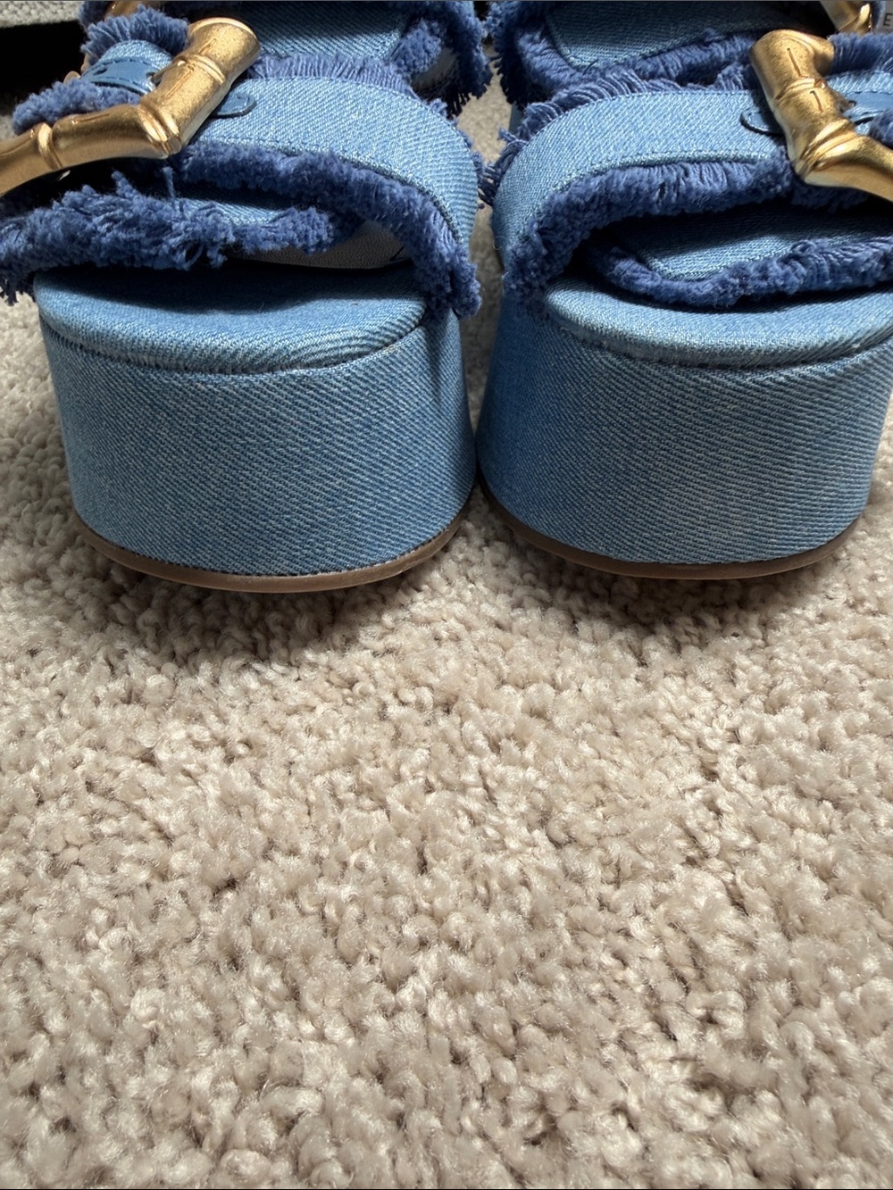SCHUTZ Blue Denim Platform Slide Mules with Gold Buckles - Picture 4 of 5